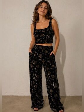NWT Rachel Zoe two piece pant and crop top set. Black floral, women’s size 10.
